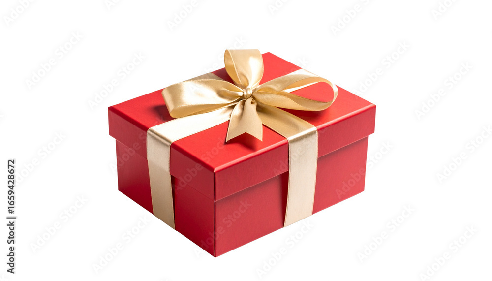 Fototapeta premium Gift box wrapped in red paper with golden bow, isolated on transparent background, Christmas present