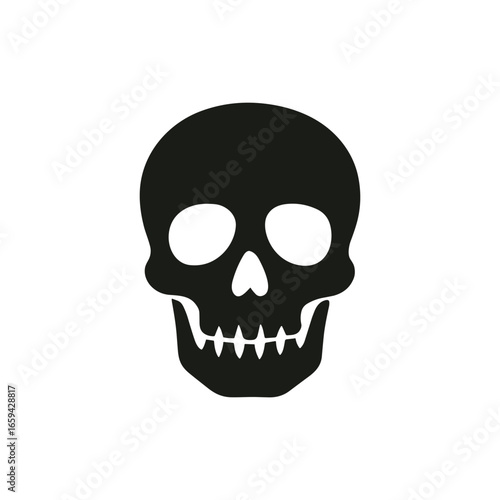 Black skull vector illustration with a minimalist style, depicting a simple, bold design of a human skull. Ideal for themes involving Halloween, danger, mortality, or alternative fashion concepts.
