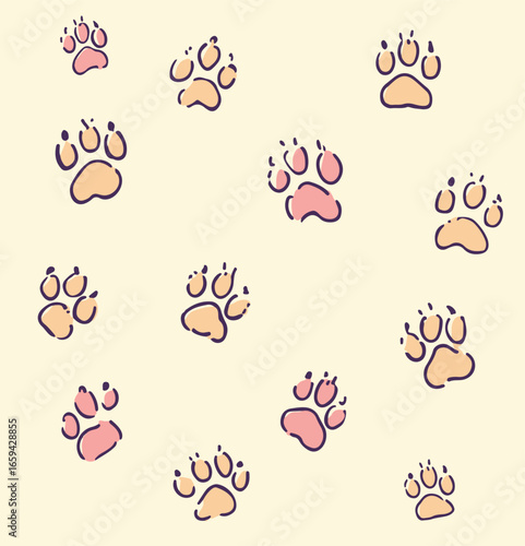 Playful vector paw print pattern in soft pink and peach colors on a light background. Perfect for pet-themed designs, children's products, and creative branding ideas.