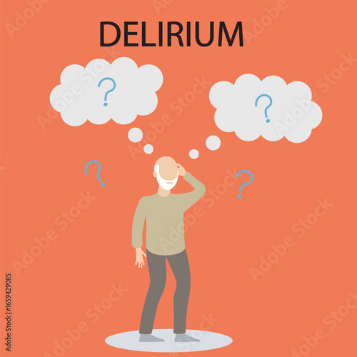 Delirium vector illustration showing confusion, agitation, memory issues, disorientation, and hallucinations; often confused with dementia, psychosis, or severe depression. silhouette 