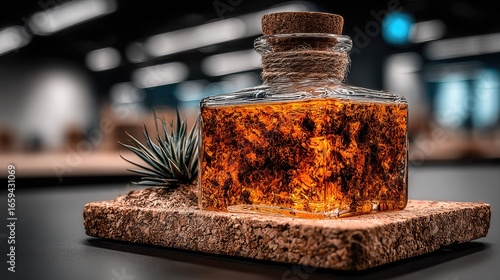 Amber liquid in glass bottle, cork stopper, on cork base with small plant