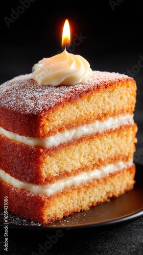 A three-layered cake slice with frosting and a lit candle