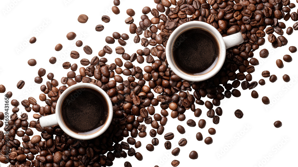 Obraz premium Freshly Roasted Coffee Mugs: A flat lay of freshly roasted coffee beans and coffee mugs, isolated on a Transparent background, PNG file.