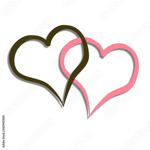 Minimalist line drawing illustration of two overlapping hearts in brown and pink tones. Simple and modern love symbol.