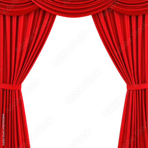 Luxurious red velvet stage curtains are drawn open with elegant pleats and tied back with matching fabric bands, showcasing a classic theatrical design