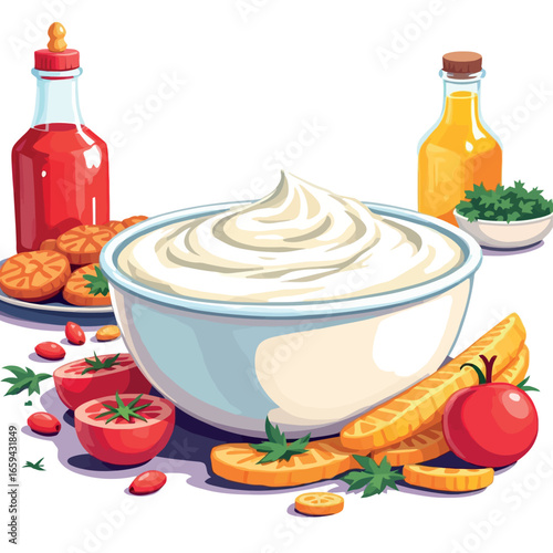 Vsai bowl of sour cream or yogurt with various toppings and dipping sauces