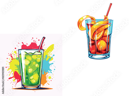 Vsai colorful cocktails with ice and straws refreshing summer drinks