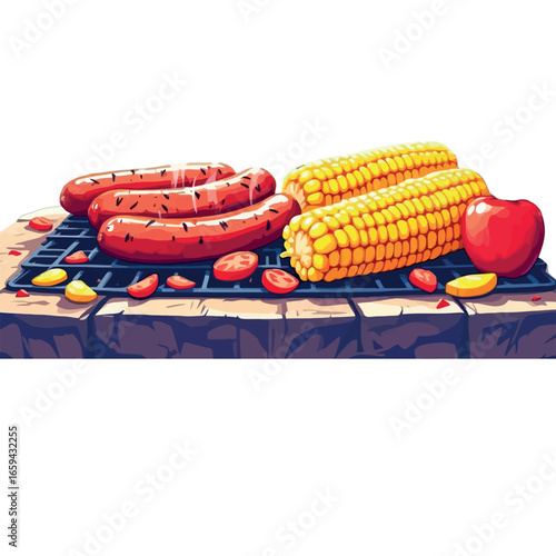 Vsai delicious grilled sausages and corn on the cob cooking on barbecue grill