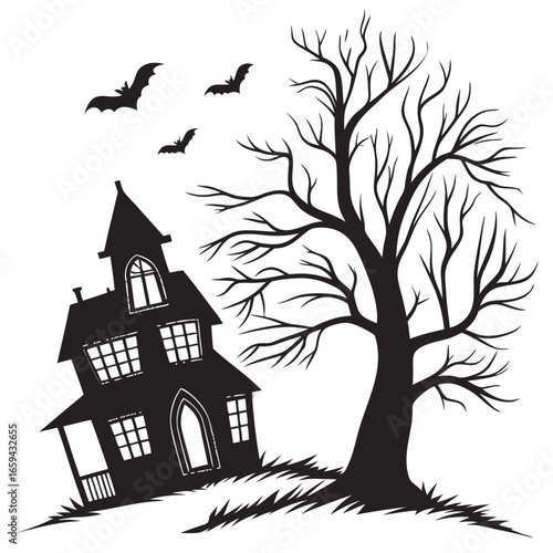 Halloween hunted house Spooky silhouette with bats flying around on halloween night
