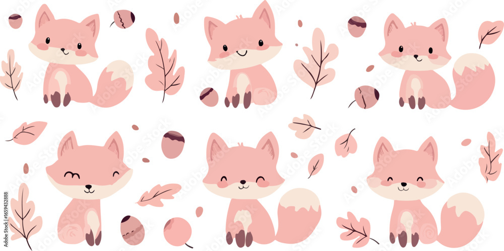 Fototapeta premium Cute kawaii style pink foxes surrounded by autumn leaves acorns and feathers
