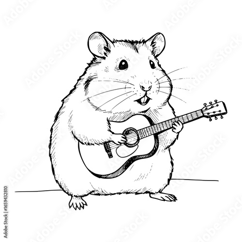 Hamster playing guitar in a fun illustration, concept of isolated vector image on transparent background, pencil drawing  