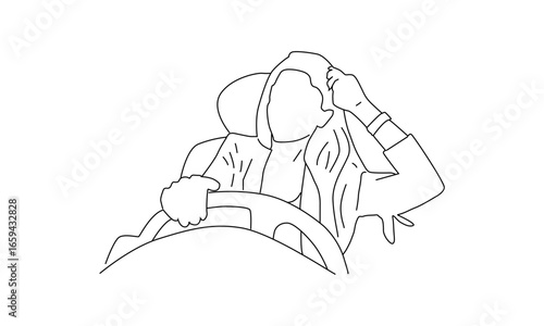 Minimalist Line Art of a Person Driving a Car with Steering Wheel