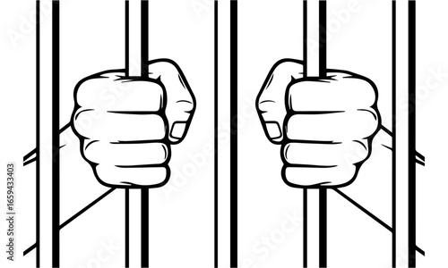 Line Art of Hands Gripping Prison Bars Symbolizing Confinement