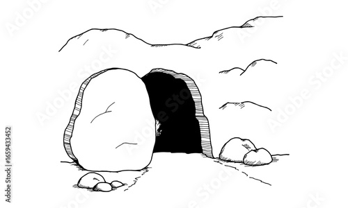 Line Art of Cave Entrance with Large Boulder and Rocky Landscape