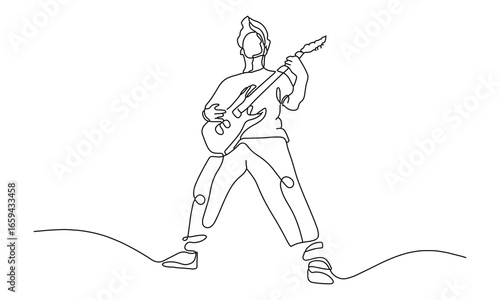 Continuous Line Art of a Guitarist Playing Guitar