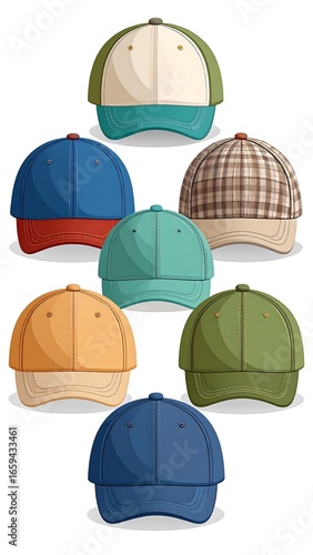 Seven baseball caps in various colors and patterns, arranged in a staggered formation