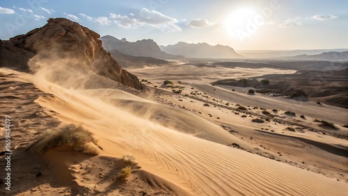 Fototapeta Naklejka Na Ścianę i Meble -  Golden desert landscape with sand blowing across dunes under bright sunlight