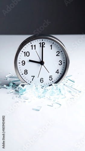 Shattered clock rests on a white surface amongst its broken glass fragments