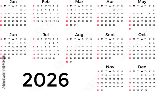 simple 2026 calendar on white background. Minimalist and modern 2026 calendar template. Clean design, perfect for planners, or digital downloads. Includes all 12 months from January to December 2026