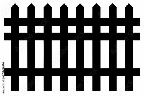 A black wooden picket fence on a white background