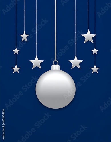 Silver bauble hangs from string, surrounded by hanging stars against a dark blue background