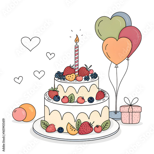 cake with fruit and heart balloon art style. birthday element vector eps 10