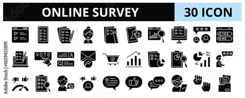 30 Online Survey Glyph Icons Vector - Questionnaire, Poll, Sampling, Respondent, Review, Result, Answer,  Testimonial, Online Form