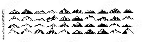 Collection of Black and White Mountain Silhouettes and Icons