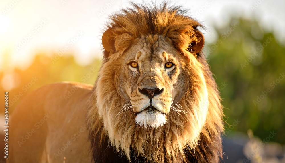 Obraz premium Majestic lion portrait in golden sunlight