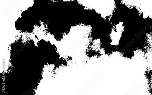 Abstract black grunge texture on a white background, with scattered speckles, rough cracks, and distressed patterns. Weathered stone, worn concrete, or aged ink splatters, and textured aesthetic