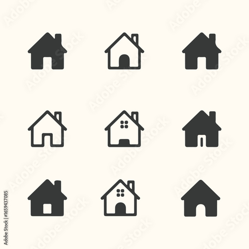 Real estate and housing icons set, including various building, roof, window, and door symbols for architecture, business, and property design