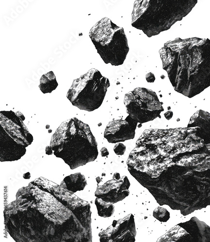 Dark, textured rocks flying through space