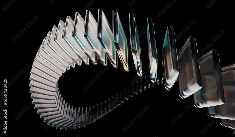 Futuristic digital tech background with abstract black 3D background, glass dispersion holographic, and closeup of connected crystal rings with neon green white light texture. 3D illustration