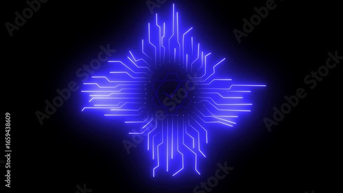 cyber security blue circuit lines and lock logo on black background.Digital circuit AI interface on black wallpaper. 4K animation.Artificial intelligence and computing concept. 3D Rendering animation