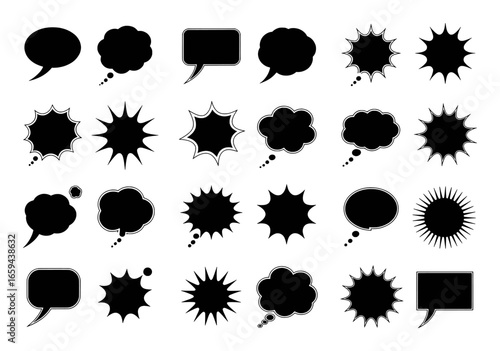 Collection of Black Speech Bubbles and Thought Bubbles on White Background