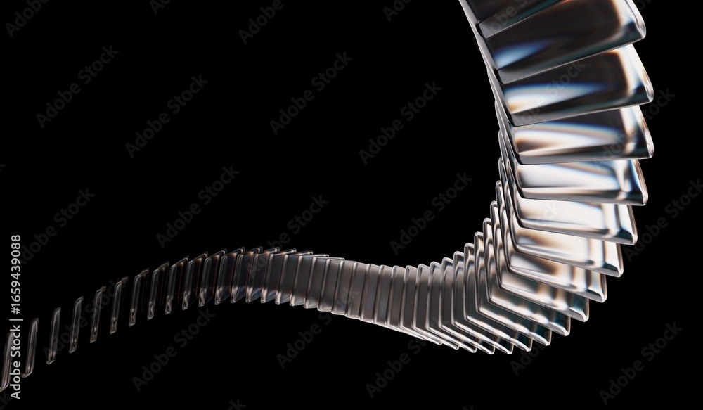 3D illustration of abstract black 3D background with glass dispersion holographic, futuristic digital tech background, and closeup of connected crystal rings with neon green white light texture