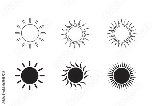 Collection of six stylized sun icons in black and white