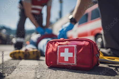 First responders aiding injured person on street. Red first-aid kit