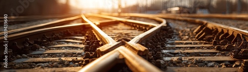 Railroad tracks diverging at a railway switch, bathed in sunlight