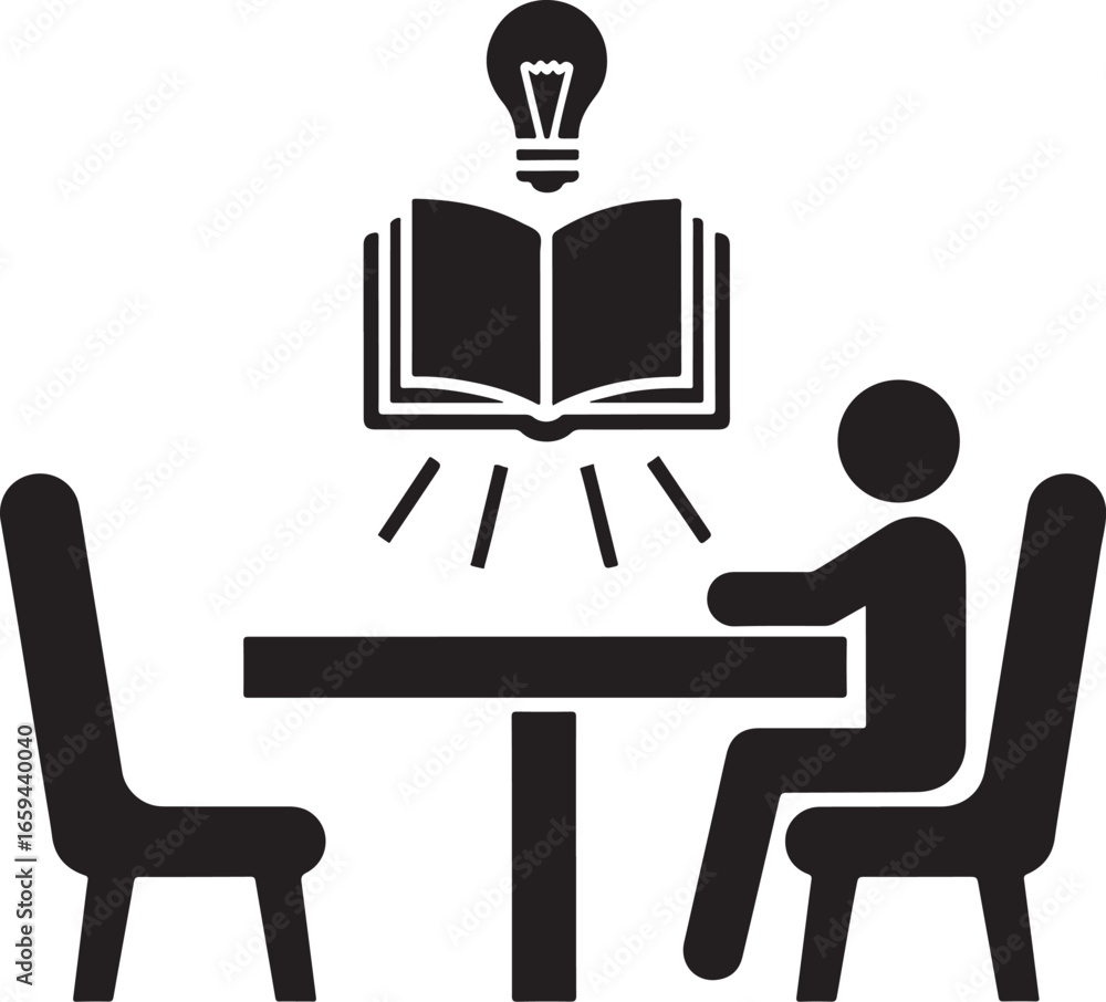 Fototapeta premium Study Room Icon – Student Reading Book at Desk with Learning Symbol