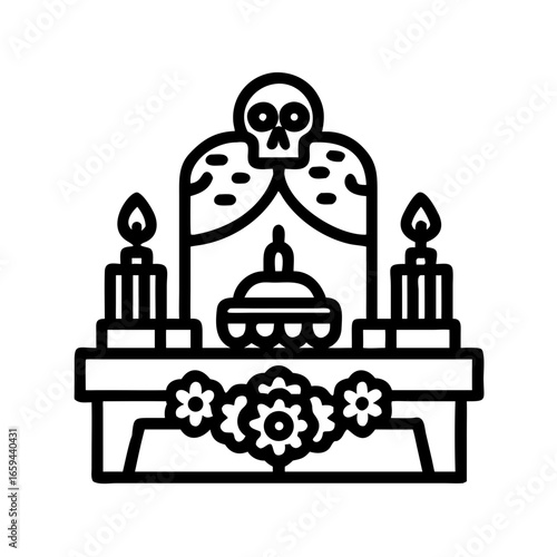 Día de Muertos altar icon in black and white line art