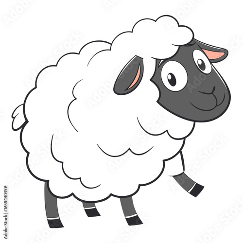 Cute cartoon sheep with fluffy white wool and dark grey face and legs