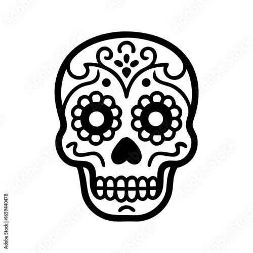Sugar skull icon in black line style for Día de Muertos