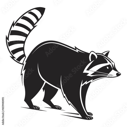 Stylized black and white illustration of a raccoon walking