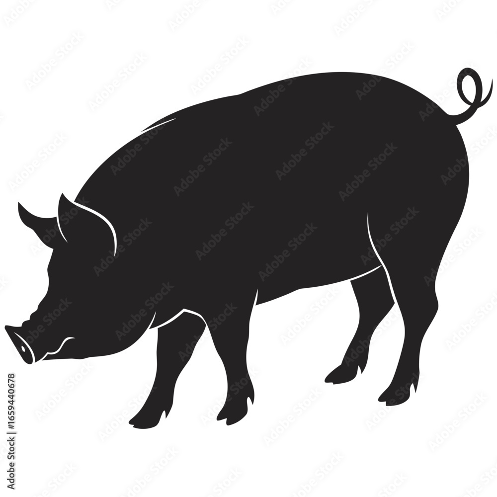 Fototapeta premium Black silhouette of a pig with a curled tail standing on a white background