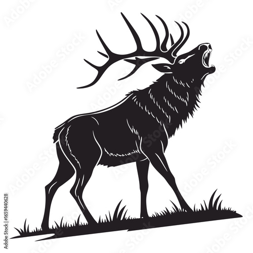 Majestic elk silhouette roaring with antlers raised in a field of grass