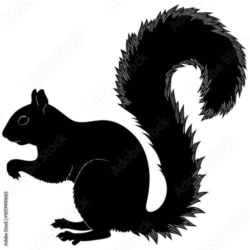 Black silhouette of a fluffy squirrel with a large bushy tail on a white background