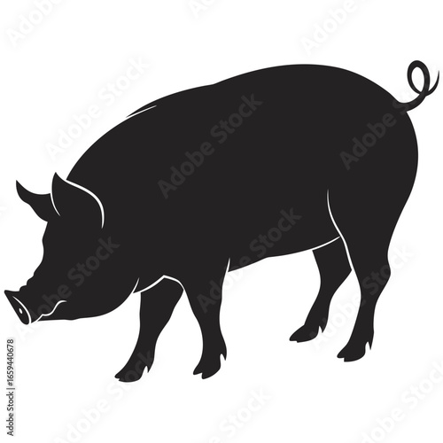 Black silhouette of a pig with a curled tail standing on a white background