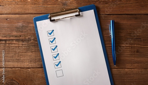 Checklist on clipboard with pen on wooden table in a well-lit setting