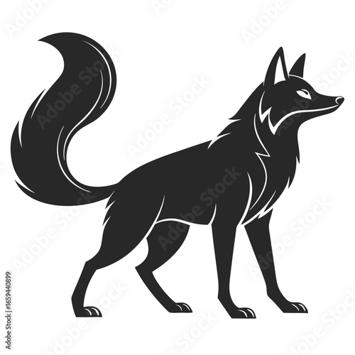 Stylized black silhouette of a fox with a bushy tail standing alert